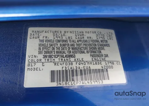 2010 Nissan Versa 1.8S z USA, uszkodzony, nr VIN 3N1BC1CP7AL459953